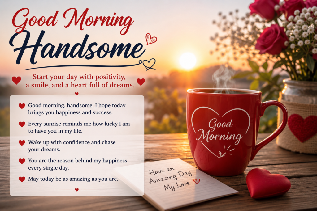 Good Morning Messages for Him with romantic sunrise coffee and love quote