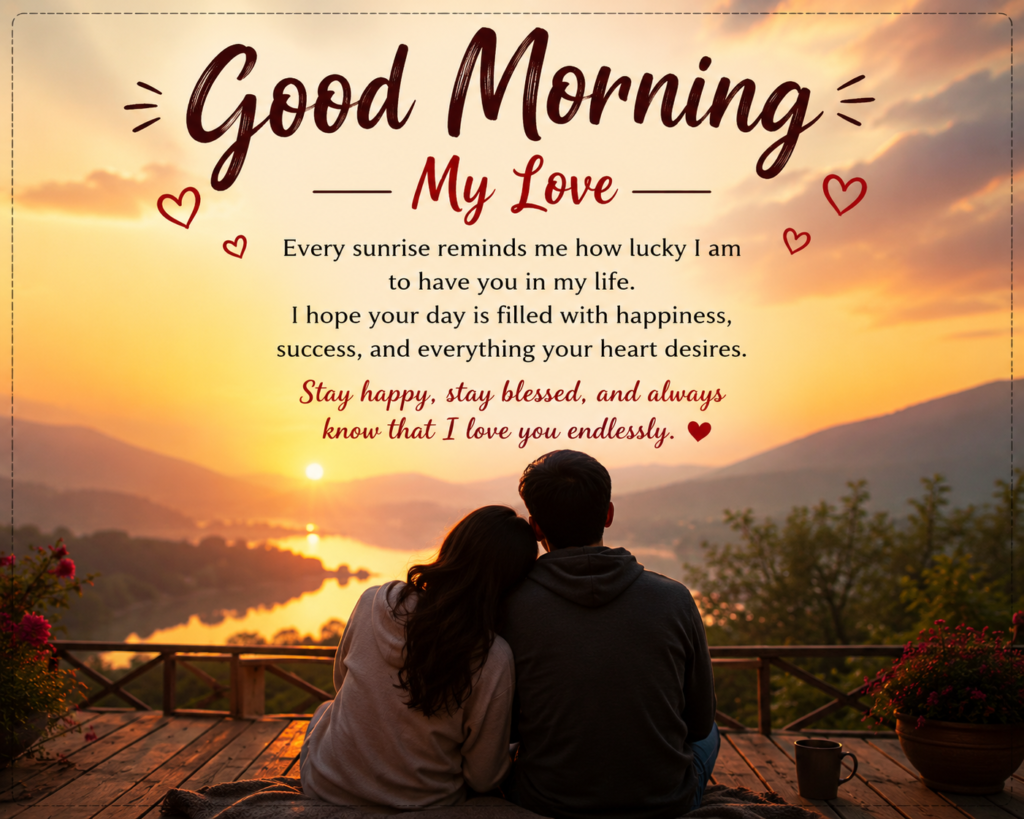 Good Morning Messages for Him with a romantic sunrise couple and heartfelt love message