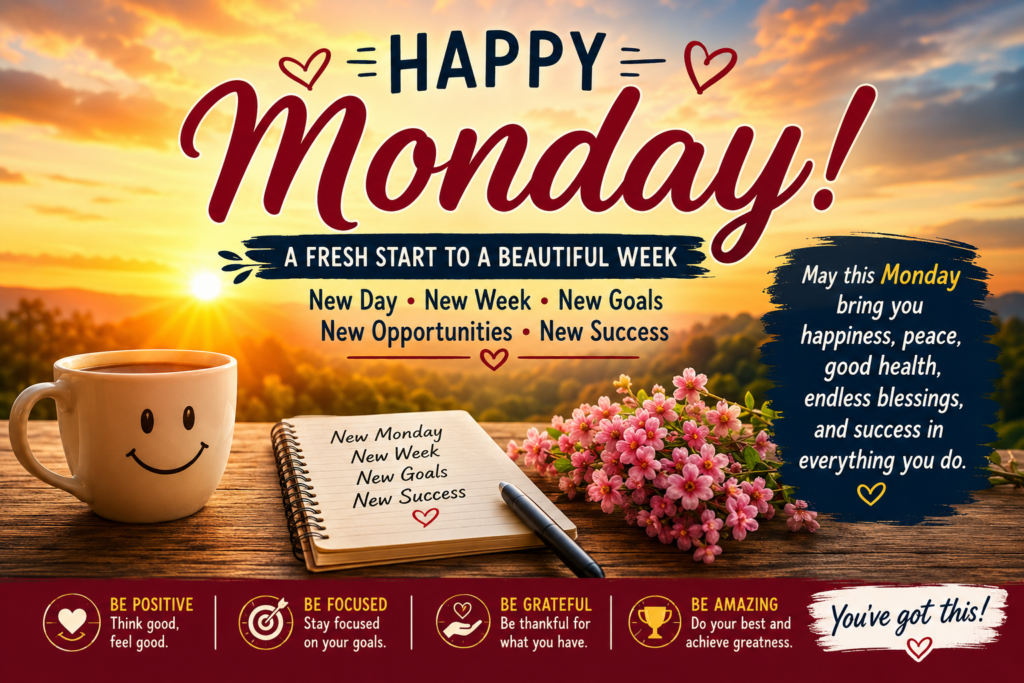 Happy Monday messages wishes blessings and quotes with a beautiful sunrise background
