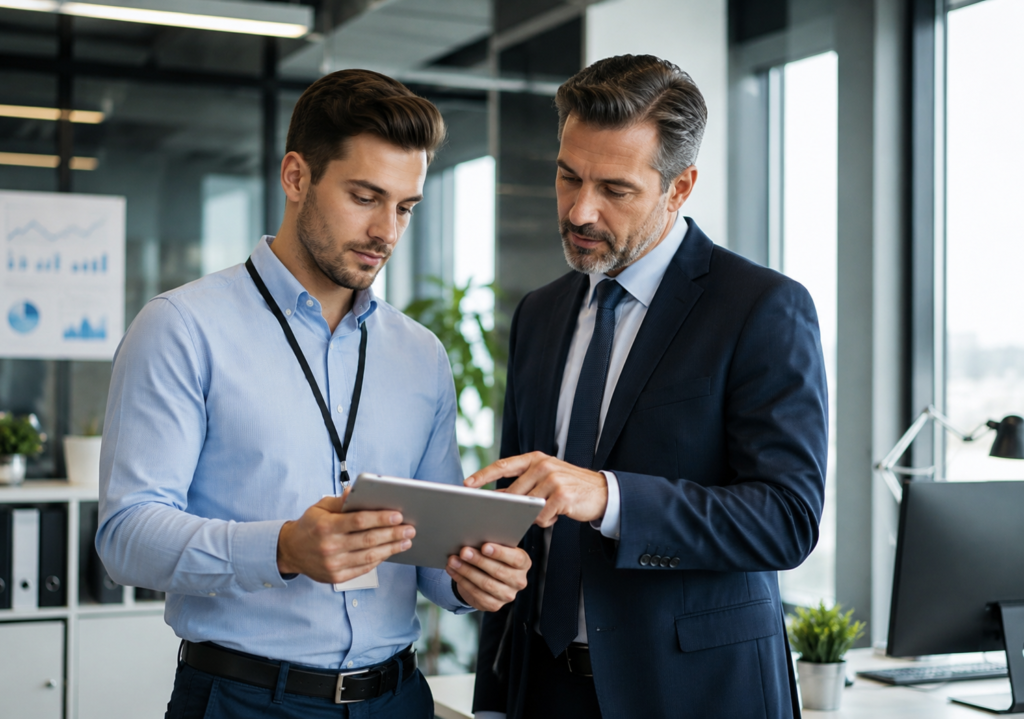 Male boss reviewing a project on a tablet with his employee during a business meeting in a modern office.