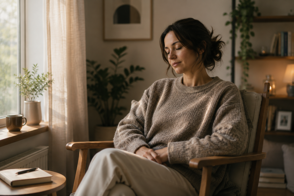 Peaceful woman sitting with eyes closed in prayer, reflecting on gratitude and hope on her birthday.