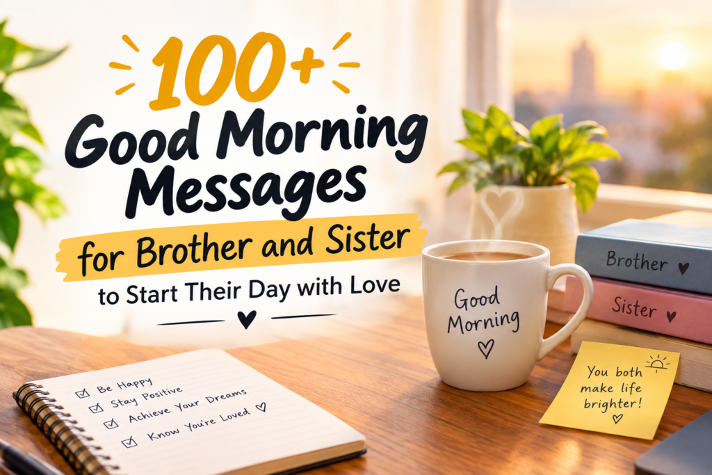 100+ Good Morning Messages for Brother and Sister with a warm morning coffee scene