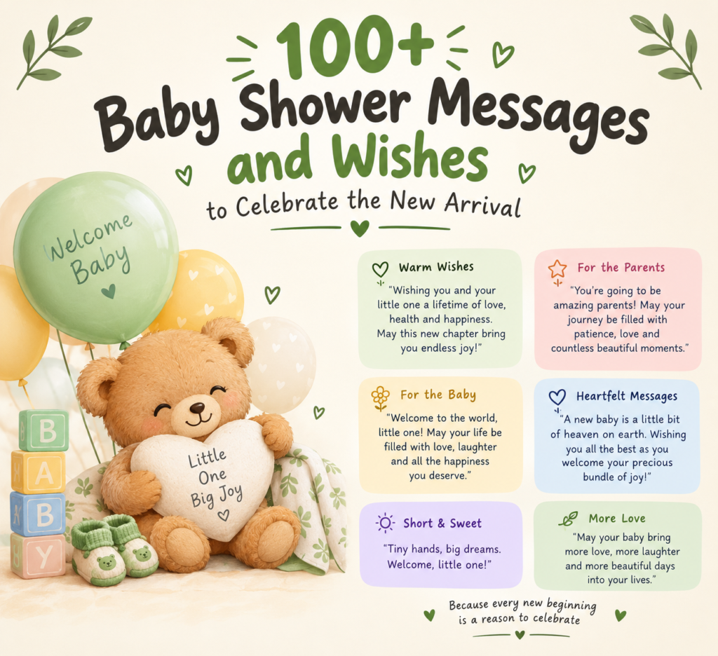 Cute pastel baby shower illustration featuring a teddy bear holding a heart pillow, BABY blocks, balloons, baby booties, and 100+ baby shower messages and wishes to celebrate the new arrival.